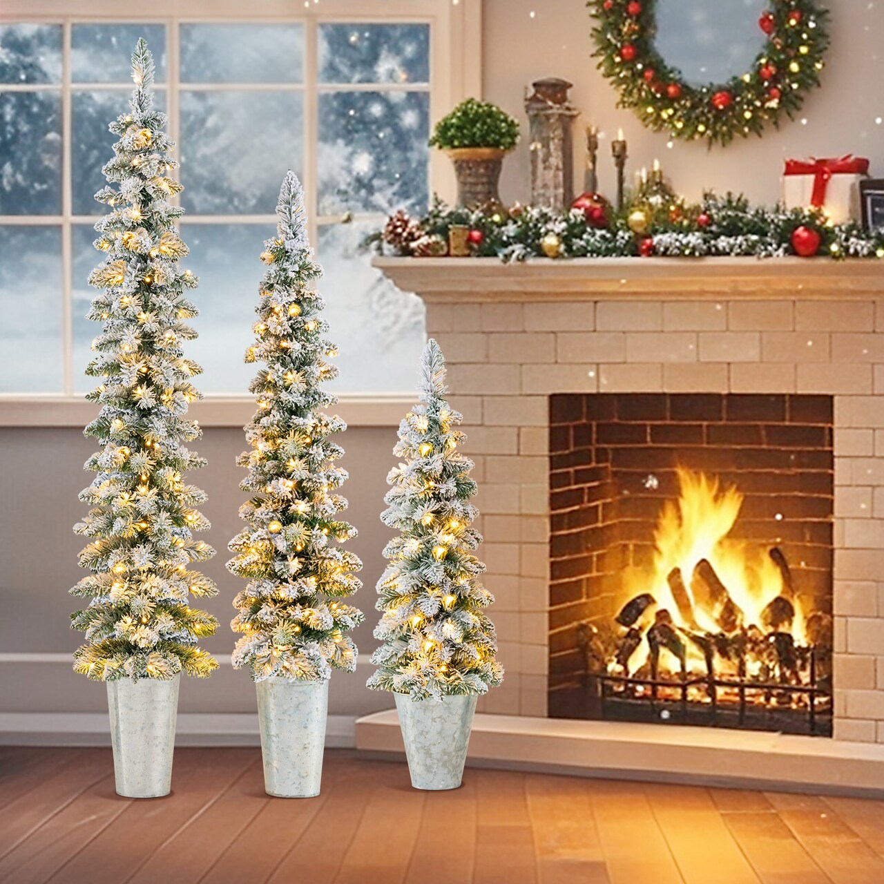 Set of 3 Snow Flocked Pre-Lit Christmas Trees with 8 Lighting Modes